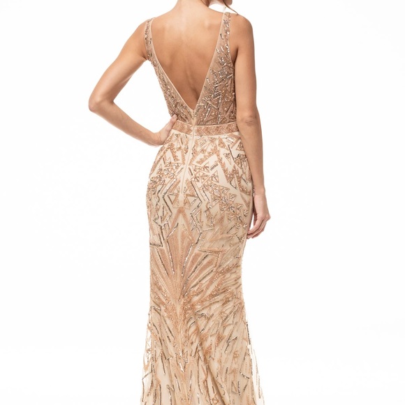 GOLD PROM GOWN DRES WITH DETACHABLE SKIRT EMBELLISHED MERMAID - Picture 3 of 13